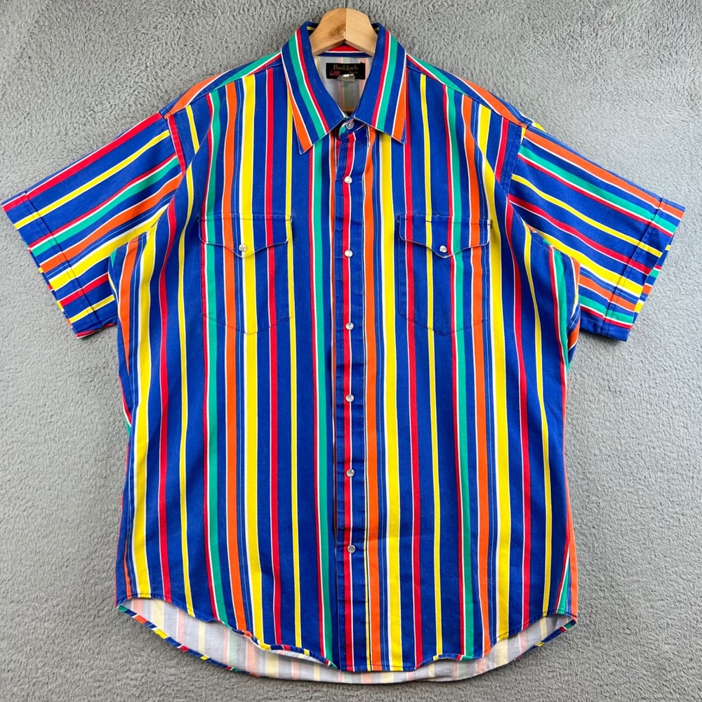 Ruddock Bros Mens Western Pearl Snap Shirt 16.5 Multi Color Stripe Short Sleeve